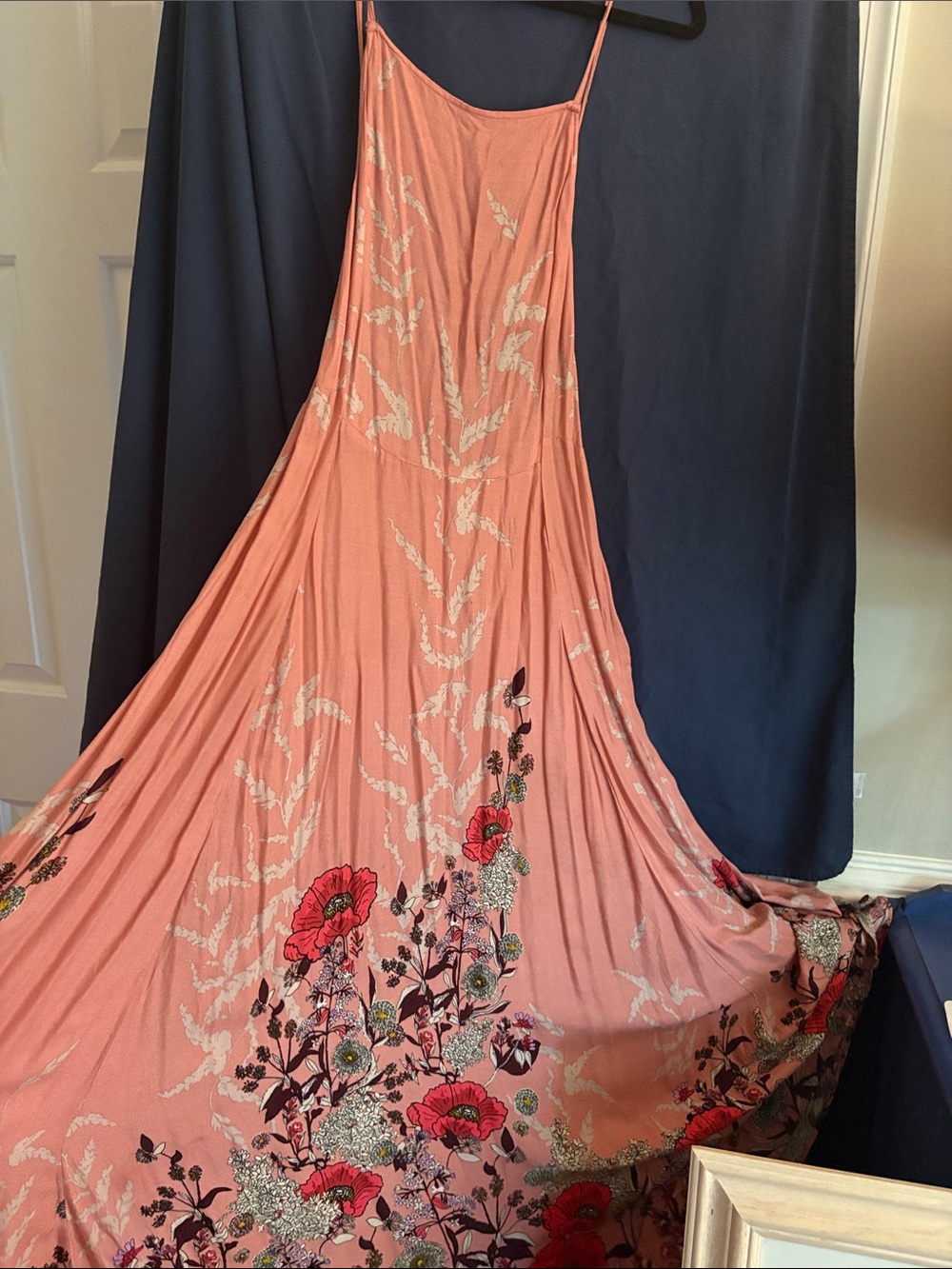 Free People Coral Floral Maxi Dress with Red & Pink Blooms